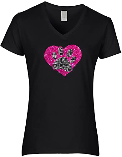 BlingelingShirts Fun Shirt Stolze Hundemama Herz mit Pfote Strass und Glitzer Dog Mom Shirt Hundepfote Pink und kristall Strass, schwarz, Gr. 2XL PR von BLINGELING