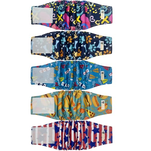 BLIWINPT Wiederverwendbare Hundewindeln, groß, hochabsorbierendes Bauchband für männliche Hunde, waschbar, Bauchband für Rüden mit niedlichen Mustern, 5 Packungen (XXL, Taille 53,3 cm – 68,6 cm) von BLIWINPT