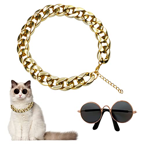 BLMHTWO Katze Sonnenbrille, Katze Goldkette Katze Kostüm Haustier Foto Requisiten Verstellbare Katze Brille Goldkette Set für Katzen und kleine Hunde Urlaub Party Haustier Verkleiden von BLMHTWO