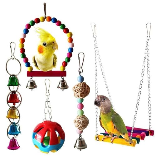 BMOZRM Vogelspielzeug, Wellensittich Spielzeug, Kleiner Vogel, Tintenfischknochen, Kalzium-Schaukelring, Nymphensittich Spielzeug Zubehör, Utensilien(Color:5-Piece Set,Size:M) von BMOZRM