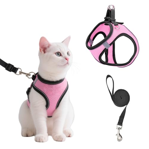 BMYUK Atmungsaktives Brustgeschirr für Katzen und Kätzchen, weich, reibungsfrei, ultraleicht, reflektierend, bruchsicher, verstellbare Leine für Outdoor-Aktivitäten (Rosa, S) von BMYUK