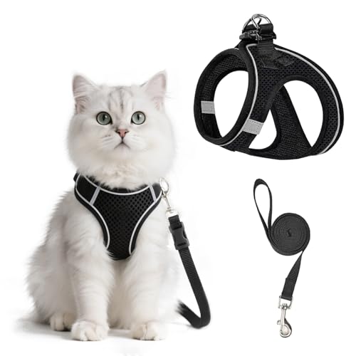 BMYUK Atmungsaktives Brustgeschirr für Katzen und Kätzchen, weich, reibungsfrei, ultraleicht, reflektierend, bruchsicher, verstellbare Leine für Outdoor-Aktivitäten (Schwarz, S) von BMYUK
