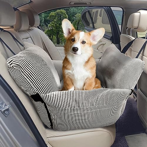 BNCKTRD Hunde-Autositz für große/mittelgroße Hunde unter 27,2 kg Katzen, 2-in-1-Sitzerhöhung, Hundebett für Auto und Zuhause, Sicherheitstrage mit Taschen, braune Streifen, 76,2 x 53,3 x 40,6 cm von BNCKTRD