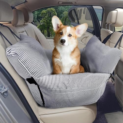 BNCKTRD Hunde-Autositz für große/mittelgroße Hunde unter 27 kg, 2-in-1 Sitzerhöhung, Hundebett für Auto und Zuhause, Sicherheit, Reisetasche, mit Taschen, marineblaue Streifen 76x 53 x 40 cm von BNCKTRD