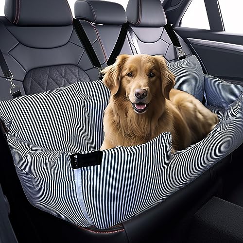 BNCKTRD Hunde-Autositz für große Hunde unter 45,4 kg, 2-in-1 Booster-Rücksitz-Hundebett für Auto und Zuhause, Sicherheit, Reisetrage mit abnehmbarem, wasserdichtem Sitzschutz, marineblaue Streifen, von BNCKTRD