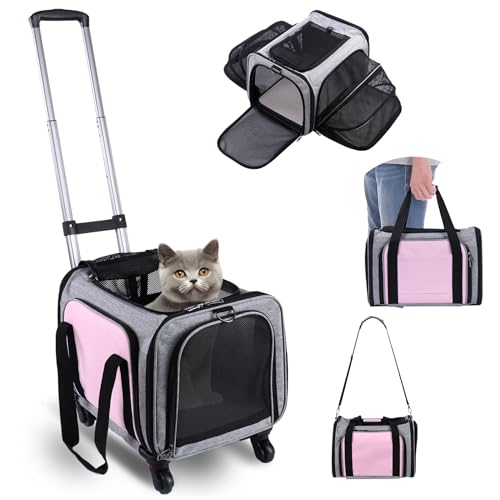 Haustiertragetasche mit Rädern, Fluggesellschaft zugelassen, rollende Katze, weiche Tragetasche für kleine Hunde, Welpen und Katzen, erweiterbare Haustierreisetasche für Autoreise, Flugzeug, Camping von BNISE