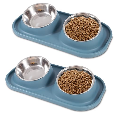 BNOSDM Hundenapf-Set – 2 Stück geneigte Edelstahlnäpfe mit auslaufsicherer Futtermatte – abnehmbarer 3-in-1-Futterspender für Katzen, Welpen, kleine Hunde (blau) von BNOSDM