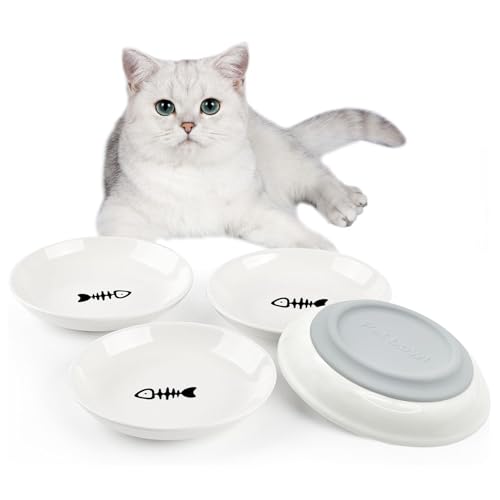 BNOSDM Katzenfutterteller aus Keramik, Schnurrhaar, mit rutschfester Silikonunterseite für Nassfutter, flache breite Futternäpfe für Katzen, Kätzchen, Welpen und kleine Hunde, 4 Stück von BNOSDM