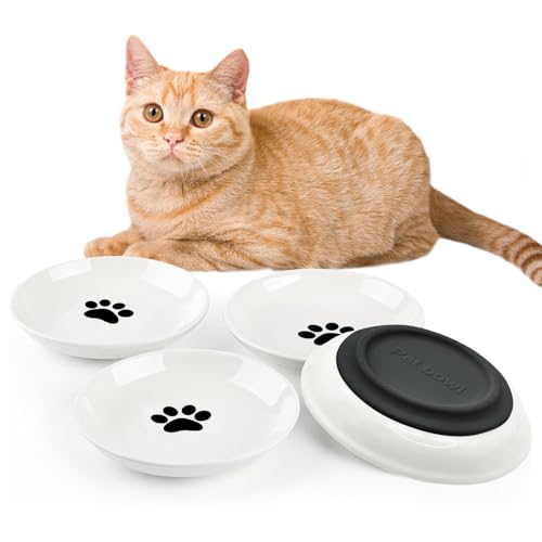 BNOSDM Katzenfutterteller, 4 Stück, Keramik, Schnurrhaar, mit rutschfester Silikonunterseite für Nassfutter, flache breite Futternäpfe für Katzen, Kätzchen, Welpen und kleine Hunde von BNOSDM