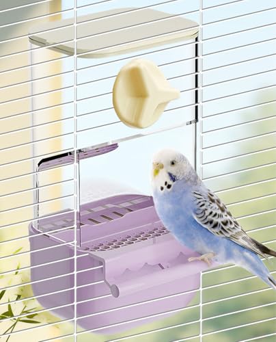 BNOSDM Automatischer Vogelfutterspender für Vögel, kein Durcheinander, für Papageienkäfig, Zubehör, transparenter Samenfutterbehälter mit Sitzstange für Finken, Sittiche, Wellensittiche, Lovebirds von BNOSDM