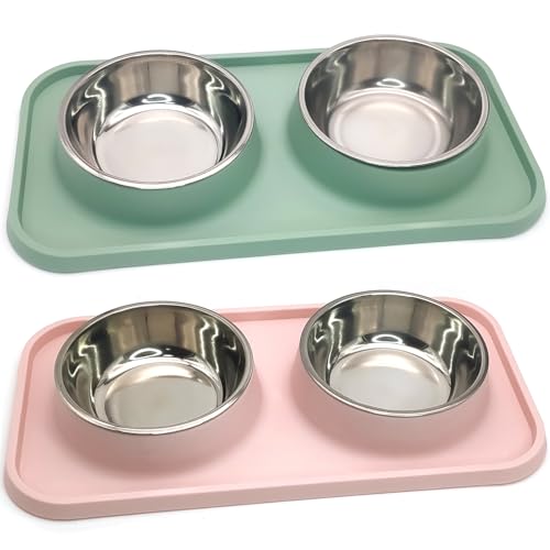 BNOSDM Doppelnapf für Hunde, Edelstahl, Futter- und Wassernäpfe für kleine Hunde, mit auslaufsicherer Kunststoffmatte, Futternapf-Set für Welpen, Katzen, Kätzchen, Rosa und Grün, 2 Stück BNOSDM Doppelnapf für Hunde, Edelstahl, Futter- und Wassernäpfe für kleine Hunde, mit auslaufsicherer Kunststoffmatte, Futternapf-Set für Welpen, Katzen, Kätzchen, Rosa und Grün, 2 Stück von BNOSDM