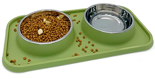 BNOSDM Doppelte Hundenäpfe Welpe Edelstahl Futter- und Wassernäpfe mit auslaufsicherer Kunststoffmatte Katzen-Futterspender Schüssel Set für kleine Hunde Katze Kätzchen Kaninchen, Dunkelgrün von BNOSDM