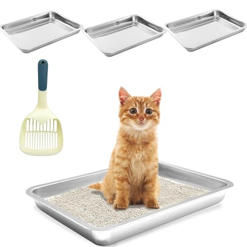 BNOSDM Flache Metall-Katzentoilette, 4 Stück, Edelstahl-Katzentoilette, niedriger Eingang, antihaftbeschichtet, offene Oberseite, Katzentoilette für Kätzchen und kleine Tiere (45 x 35 x 4 cm) von BNOSDM