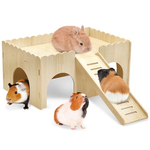 BNOSDM Großes Meerschweinchenversteck aus Holz mit Rampe und Dachboden, 2 Etagen, abnehmbares Cavy Castle, 4 Türen, verbessertes Kleintierhaus, Lebensraum, Zwergkaninchen, Kletterspielzeug, Zubehör von BNOSDM