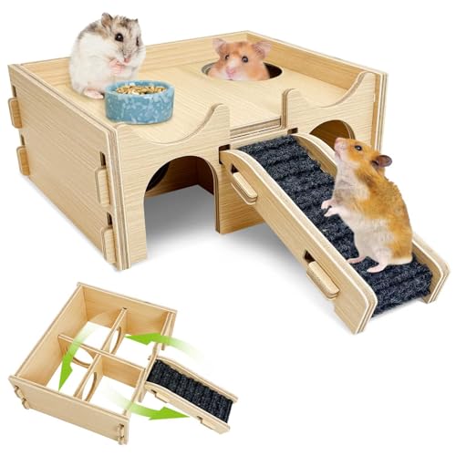 BNOSDM Hamsterversteck aus Holz, Syrische Hamster, Mehrraum-Verstecke & Tunnel, Erkundungsspielzeug, Rennmäuse, Holzhaus mit Leiter für Zwergmaus, Mäuse, Ratten und andere Kleintiere von BNOSDM