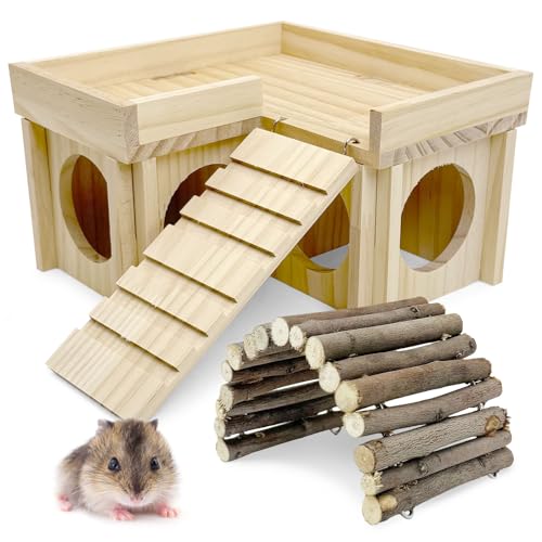 BNOSDM Hamsterversteck aus Holz, Zwerghamster, Holzhaus mit Leiter, Rennmäuse, Klettern, Erkundungsspielzeug, Käfigzubehör für syrische Hamster, Mäuse und andere kleine Haustiere von BNOSDM