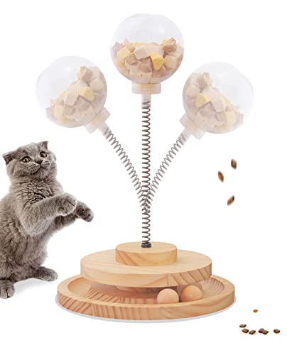 BNOSDM Interaktives Katzenfutterstation Spielzeug für Indoor-Katzen, langsames Futterspender, Frühlingsspielzeug, lustige Holzbahn, 2 Bälle, Plattenspieler, Übung und Spielen für Kätzchen von BNOSDM