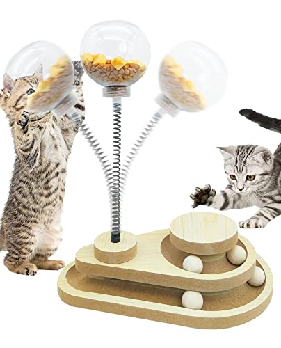 BNOSDM Interaktives Katzenfutterstation Spielzeug für Indoor-Katzen Langsame Futterspender Frühlingsspielzeug Lustige Zweischichtige Holzbahn 4 Bälle Roller Plattenspieler Übung Spielen für Kätzchen von BNOSDM