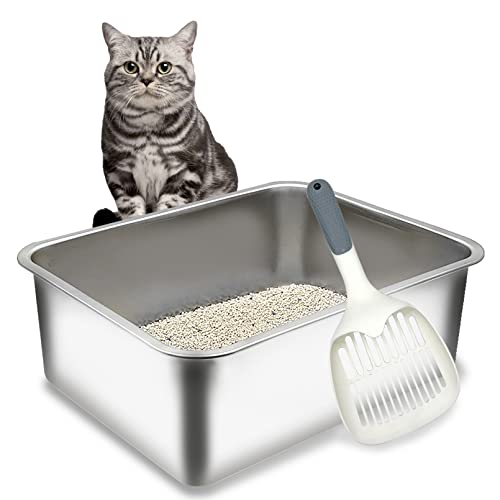 BNOSDM Katzentoilette aus Edelstahl, glatte Katzentoilette für Katzen und Kaninchen, Metall, hohe Seiten, leicht zu reinigen, 45 cm L x 35,1 cm B x 15 cm H von BNOSDM