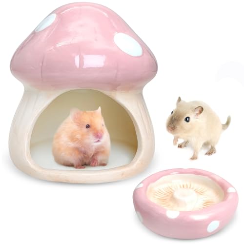 BNOSDM Keramik-Hamsterversteck und Futternapf, niedliches Pilzform, Hamsterhaus und Lebensraum, kühles Hamsterversteck, geeignet für Syrer, Mäuse, Zwerghamster, Rennmäuse (Rosa) von BNOSDM