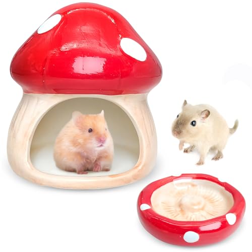 BNOSDM Keramik-Hamsterversteck und Futternapf, niedliches Pilzform, Hamsterhaus und Lebensraum, kühles Hamsterversteck, geeignet für Syrer, Mäuse, Zwerghamster, Rennmäuse (rot) von BNOSDM