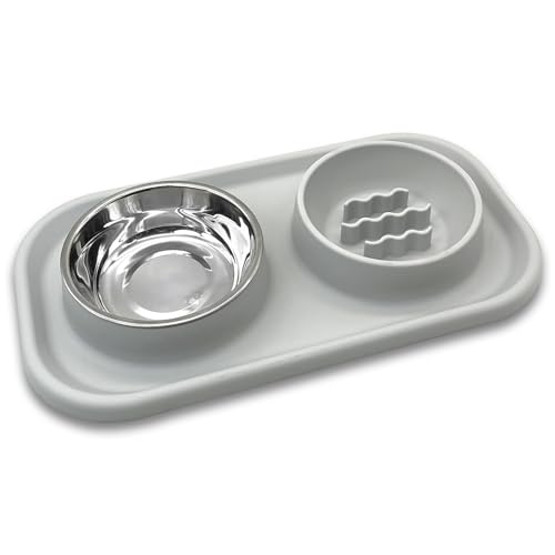 BNOSDM Doppel Hundenäpfe - Silikon Slow Feeder mit Faltbarer Futtermatte - Edelstahl Hund Futter und Wassernapf Set, Pet Feeder Dish für Kleine Hunde, Katze Welpe (Grau) von BNOSDM