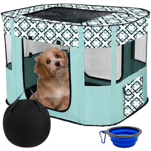 BNOSDM Tragbarer Hunde-Laufstall für Hunde, faltbare Spielgehege für Welpen, Pop-Up-Haustierhütte, Laufgitter mit Reisenapf, für drinnen und draußen, Camping, für Hunde, Katzen (groß, grün) von BNOSDM