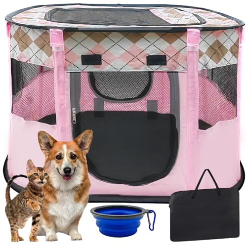 BNOSDM Tragbarer Hunde-Laufstall für Hunde, faltbare Spielgehege für Welpen, Pop-Up-Haustierhütte, Laufgitter mit Reiseschüssel, für drinnen und draußen, Camping, für Hunde, Katzen (XL, Rosa) von BNOSDM