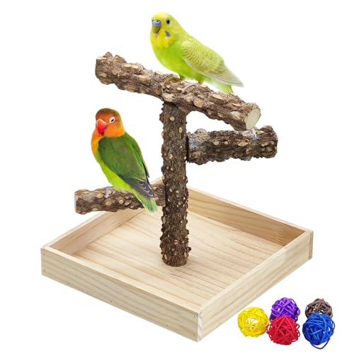 BNOSDM Tragbarer Vogelständer mit Töpfchentablett, natürliches Holz, drei Ebenen, Tischtraining, Fitnessstudio, Papageien-Spielplatz, Spielzeug für Wellensittiche, Nymphensittiche, Lovebirds von BNOSDM