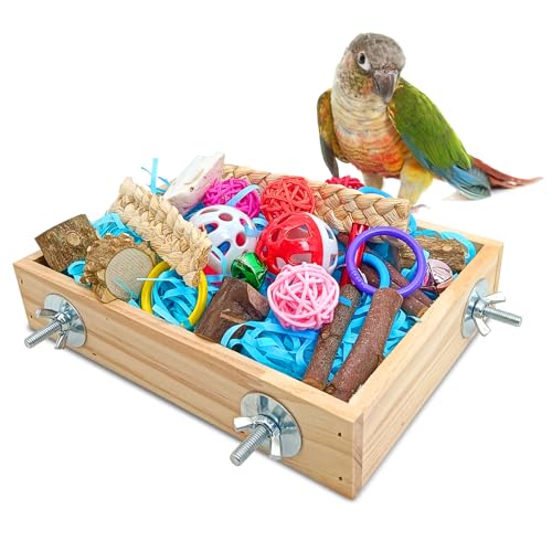 BNOSDM Vogelfutter-Spielzeugbox, bunte Papageien, Futter- und Zerkleinerungsspielzeugboxen, natürliches Vogelspielzeug, Holzvögel, Kauspielzeug für Sittiche, Sittiche, Nymphensittiche, Wellensittiche von BNOSDM