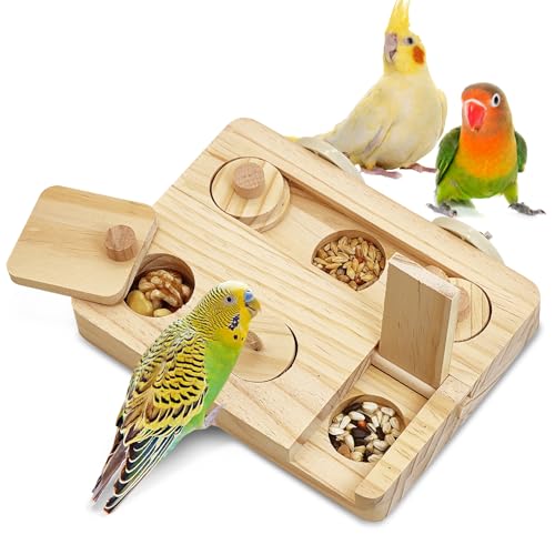 BNOSDM Vogelfutterspielzeug aus Holz mit Anreicherungspuzzle für Training und Kauen, Naturholzständer, Plattform, Futterkäfig, Zubehör für kleine und mittelgroße Papageien, Sittiche, Nymphensittiche von BNOSDM