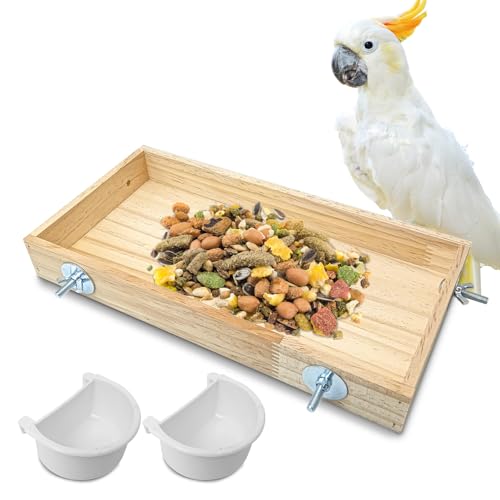 BNOSDM Vogelfutterstation aus Holz für Käfig, natürliches Holz, Futterschale für kleine bis mittelgroße Vögel, Papageien-Futterbecher für Nymphensittiche, Sittiche, Wellensittiche (groß) von BNOSDM
