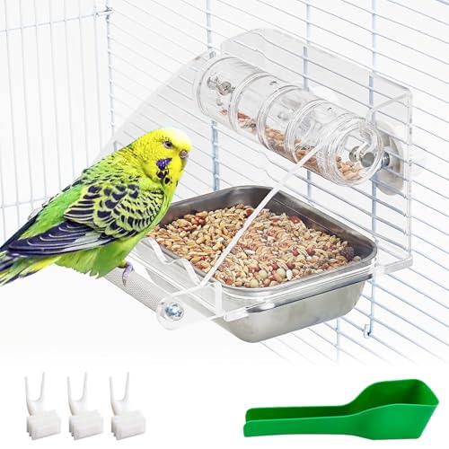 BNOSDM Vogelfutterstation für Käfig, mit drehbarem Futterspielzeug, kein Durcheinander, Acryl, zum Aufhängen, Futter- und Wasserspender mit Edelstahl-Schüssel und rutschfestem Sitzstangenständer für BNOSDM Vogelfutterstation für Käfig, mit drehbarem Futterspielzeug, kein Durcheinander, Acryl, zum Aufhängen, Futter- und Wasserspender mit Edelstahl-Schüssel und rutschfestem Sitzstangenständer für von BNOSDM