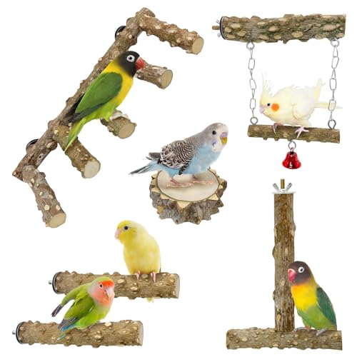 BNOSDM Vogelleiter-Sitzstange aus Naturholz, 6 Stück, Papageienständer, Äste, Klettern, Kaustock, Sittich, Schaukel, Spielzeug, Käfigzubehör, Pfotenschleifgabel-Sets für Unzertrennliche von BNOSDM