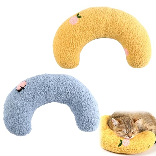 Kissen für Katzen Hunde U-förmiges Kissen zum Schlafen 2 Stück Waschbar Plüschiges Haustierkissen mit Hochdichter Baumwolle für Kopf, Nacken- und Rückenstütze - Maschinenwaschbar, (Blau, Gelb) von BNOYONERAS
