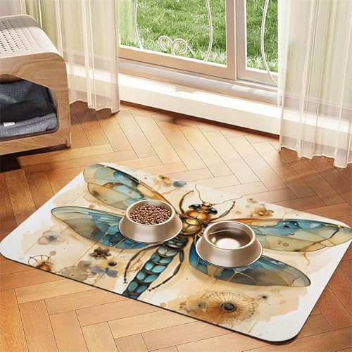 Goldene zarte Libelle auf gelbem Hintergrund, wasserabsorbierende Kunstleder-Futtermatte, 40 x 60 cm, rutschfest, langlebig, Matte für Katzen- und Hundenäpfe von BOAIHH