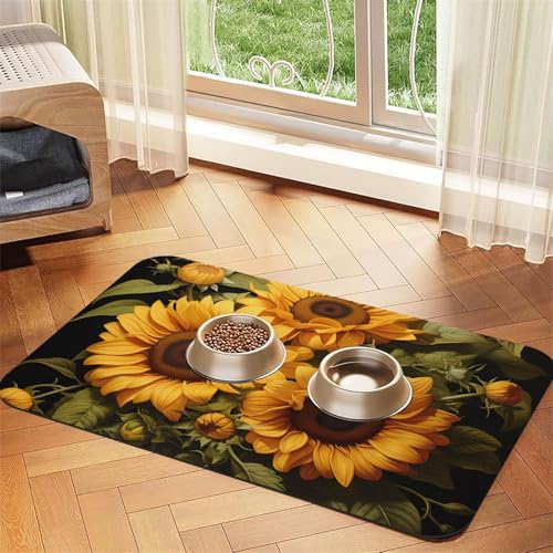 Mit der gelben Sonnenblumen-Haustier-Futtermatte, wasserabsorbierend, Kunstleder, 30 x 45 cm, rutschfeste, langlebige Matte für Katzen- und Hundenäpfe von BOAIHH