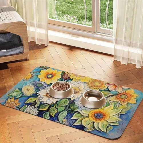 Öl auf Leinwand Blumen Haustier wasserabsorbierende Kunstleder-Futtermatte 40 x 60 cm rutschfeste langlebige Matte für Katzen- und Hundenäpfe von BOAIHH