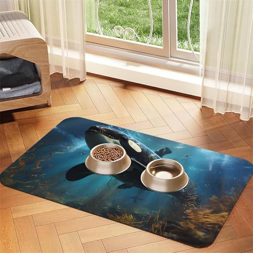 Riesige Killerwale für Haustiere, wasserabsorbierend, Kunstleder, 40 x 60 cm, rutschfest, langlebig, Matte für Katzen- und Hundenäpfe von BOAIHH