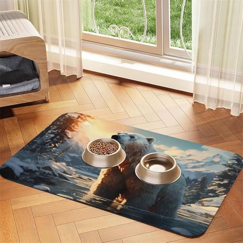 Wasserabsorbierende Futtermatte aus Kunstleder, Motiv: Eisbär im Winter, 40 x 60 cm, rutschfeste und langlebige Matte für Katzen- und Hundenäpfe von BOAIHH