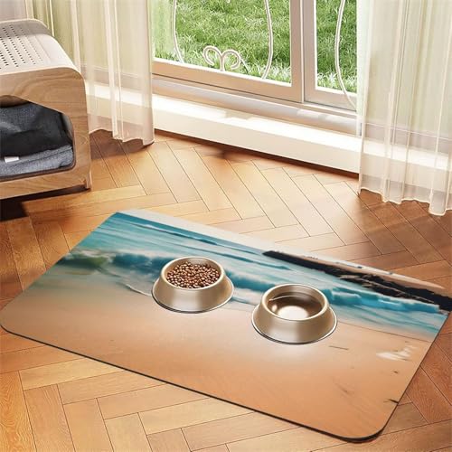 Wasserabsorbierende Futtermatte für Haustiere mit Strandlandschaft, Kunstleder, 40 x 60 cm, rutschfest, langlebig, für Katzen- und Hundenäpfe von BOAIHH