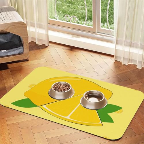 Wasserabsorbierende Kunstleder-Futtermatte mit Cartoon-Zitronen-Motiv, 40 x 60 cm, rutschfest, langlebig, für Katzen- und Hundenäpfe von BOAIHH