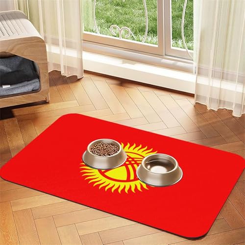 Wasserabsorbierende Kunstleder-Futtermatte mit Flagge von Kirgisistan, 40 x 60 cm, rutschfest, langlebig, für Katzen- und Hundenäpfe von BOAIHH