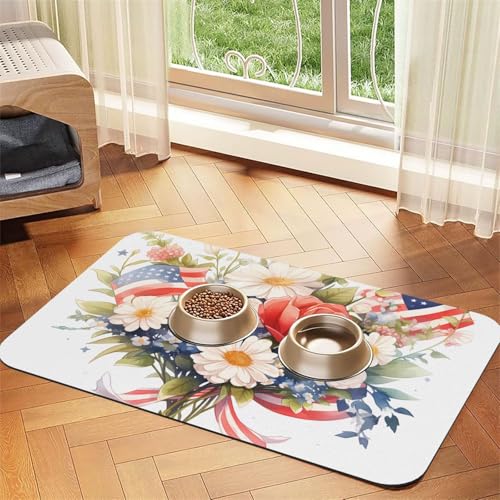 Wasserabsorbierende Kunstleder-Futtermatte mit Flaggen und Blumen, 40 x 60 cm, rutschfeste und langlebige Matte für Katzen- und Hundenäpfe von BOAIHH