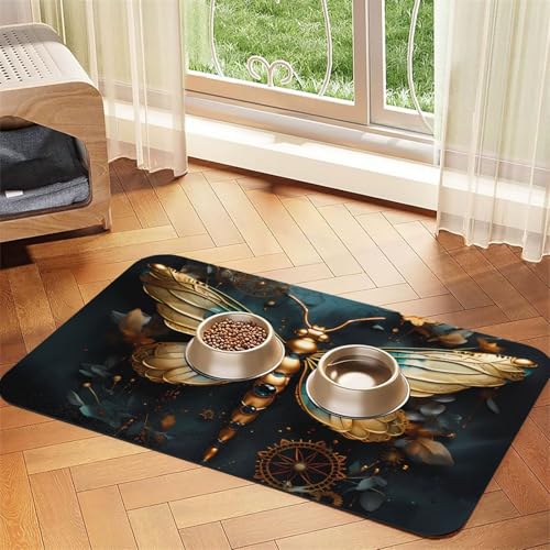 Wasserabsorbierende Kunstleder-Futtermatte mit Libellen-Motiv, 40 x 60 cm, rutschfest, langlebig, für Katzen- und Hundenäpfe von BOAIHH