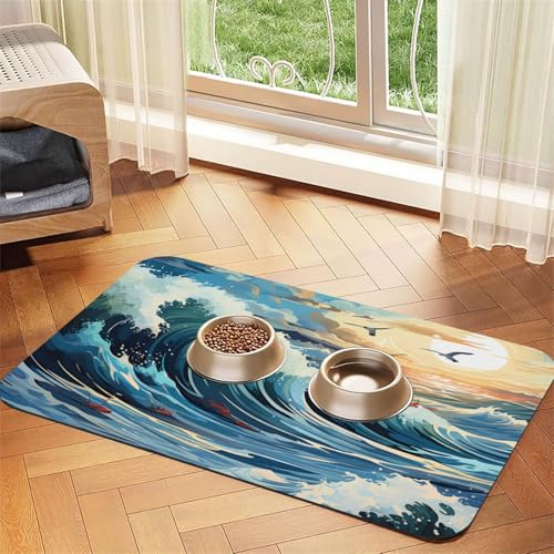 Wasserabsorbierende Kunstleder-Futtermatte mit Segelboot, 30 x 45 cm, rutschfest, langlebig, für Katzen- und Hundenäpfe von BOAIHH