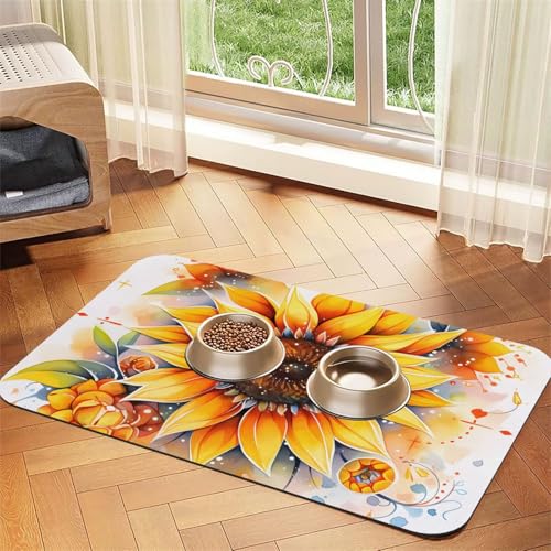 Wasserabsorbierende Kunstleder-Futtermatte mit Sonnenblume in Öl, 30 x 45 cm, rutschfest, langlebig, für Katzen- und Hundenäpfe Wasserabsorbierende Kunstleder-Futtermatte mit Sonnenblume in Öl, 30 x 45 cm, rutschfest, langlebig, für Katzen- und Hundenäpfe von BOAIHH