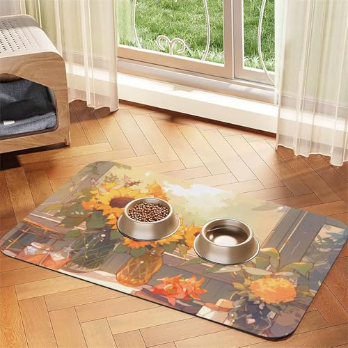 Wasserabsorbierende Kunstleder-Futtermatte mit Sonnenblumen unter der Fensterbank, 40 x 60 cm, rutschfest, langlebig, für Katzen- und Hundenäpfe von BOAIHH