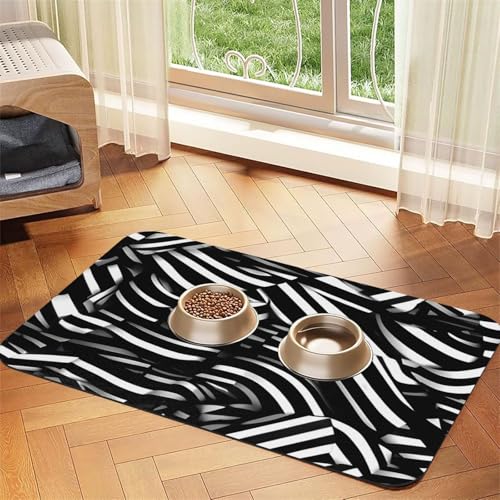 Wasserabsorbierende Kunstleder-Futtermatte mit schwarzen und weißen Linien, 40 x 60 cm, rutschfeste und langlebige Matte für Katzen- und Hundenäpfe von BOAIHH