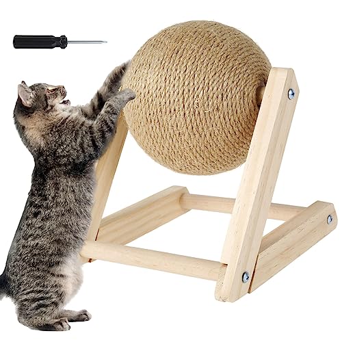 Cat Kratzball Natural Sisal Cat Scratcher Spielzeug mit Catnip Interactive aus Massivholz Scratcher Ball 7 x 7 x 6,3 Zoll Cat Scratch Post mit drehbarem Ball für Katzen drinnen und Kätzchen BOB von BOBASH